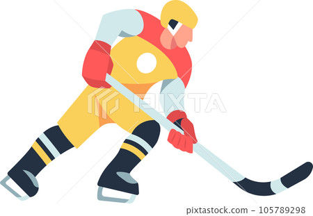 Side view of an ice hockey player vector illustration, dribbling a hockey puck forward. The player is wearing a helmet, pads, and gloves. Side view of an ice hockey player vector illustration, dribbling a hockey puck forward. The player is wearing a helmet, pads, and gloves. 105789298