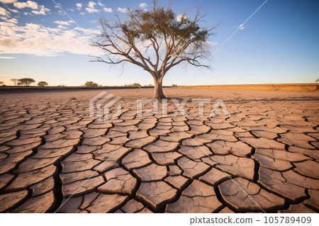 Isolated died tree in drought land, dry soil ground desert area with cracked mud in arid landscape. Shortage of water, climate change and global warming. Generative AI 105789409