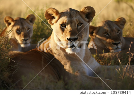 Three lioness hanging out at savanna grassland in the afternoon, close up shot, protecting wildlife concept. Generative AI Three lioness hanging out at savanna grassland in the afternoon, close up shot, protecting wildlife concept. Generative AI 105789414