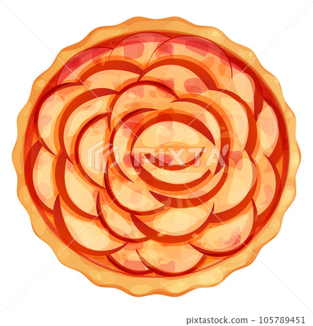 Homemde apple pie, tart with powdered sugar top view whole round bakery, dessert in cartoon style isolated on white background. 105789451