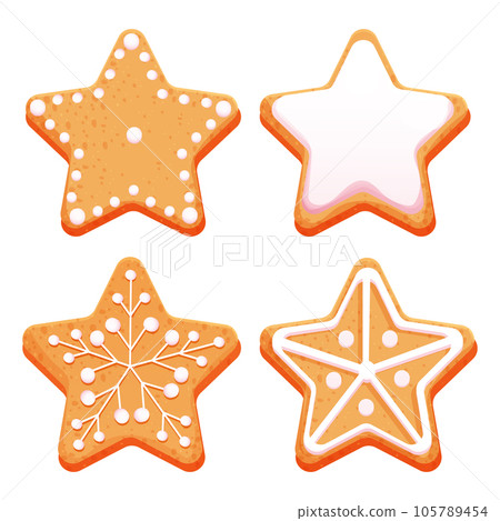 Set gingerbread star with glaze, icing decoration top view in cartoon style isolated on white. Christmas, winter holiday cookie, sweet traditional dessert. 105789454
