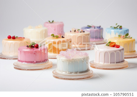 Beautiful multicolored confectionery. Beautiful cakes. Minimalism. 105790551