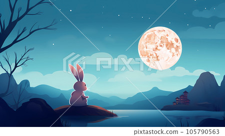 手绘卡通中秋节兔子插画背景 105790563