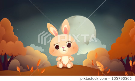手绘卡通中秋节兔子插画背景 105790565