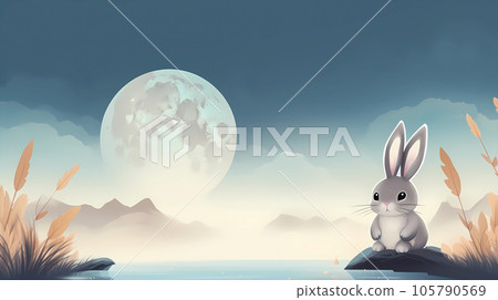 手绘卡通中秋节兔子插画背景 105790569