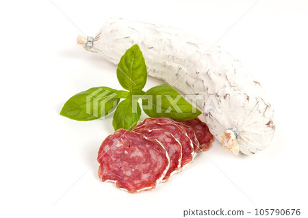 Salami sliced on the white background 105790676