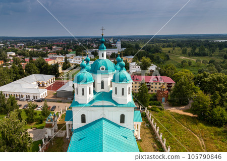 View of the Spassky Cathedral and the city of Yelabuga from the bell tower of the Spassky Cathedral on a sunny spring day. Yelabuga, Tatarstan, Russia View of the Spassky Cathedral and the city of Yelabuga from the bell tower of the Spassky Cathedral on a sunny spring day. Yelabuga, Tatarstan, Russia 105790846