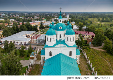 View of the Spassky Cathedral and the city of Yelabuga from the bell tower of the Spassky Cathedral on a sunny spring day. Yelabuga, Tatarstan, Russia View of the Spassky Cathedral and the city of Yelabuga from the bell tower of the Spassky Cathedral on a sunny spring day. Yelabuga, Tatarstan, Russia 105790847