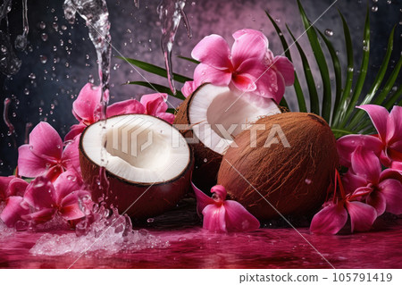 Fresh juicy coconut halves, palm leaves and flowers painted in metallic pink with water droplets 105791419
