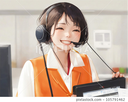 可用於小冊子和目錄的呼叫中心微笑女性插圖 105791462