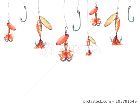 Frame with Fishing tackle, hooks and lures. Watercolor illustration on white background. For business design, packaging of fishing tackle, postcards, thematic groups. 105791549