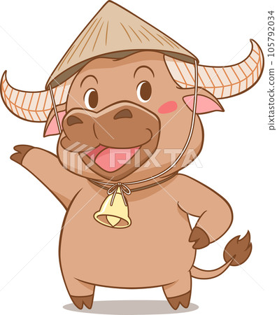 Cartoon character of cute buffalo wearing Vietnamese Conical Hat. 105792034