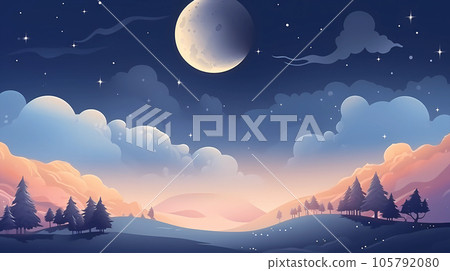 手绘卡通中秋节月亮风景插画背景 105792080