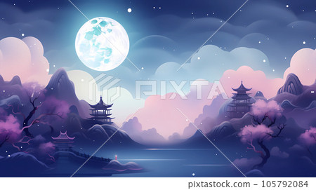 手绘卡通中秋节月亮风景插画背景 105792084