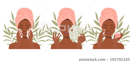 Facial skin care. A woman takes care of her skin. Cosmetic masks, patches, cream, lotion, soap, face mousse. Clip art set, vector 105792285