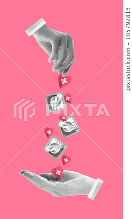 Male and female hand over pink background with condoms and medical symbols. Safety. Contemporary art. World sexual health day 105792813