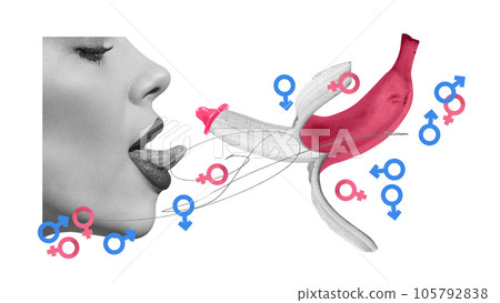 Pretty woman following safe sexual live. White background with mal and female gender signs. Contemporary art. World sexual health day 105792838