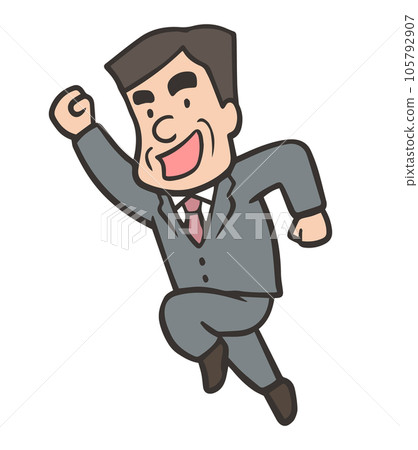 一名身穿西裝的男性上班族在做膽量姿勢時跳躍 一名身穿西裝的男性上班族在做膽量姿勢時跳躍 105792907