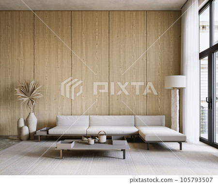 Contemporary interior with wood wall panels, sofa and decor. 3d render illustration mockup. 105793507