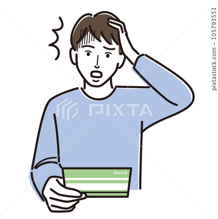 A man holding his head while looking at a passbook 105793551