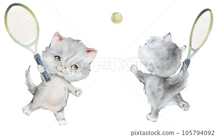 Little fluffy gray kitten tennis player holding racket watercolor illustration. Hand drawn isolated on a white background. pet cat cartoon for kids, posters, stickers, textile, sports 105794092
