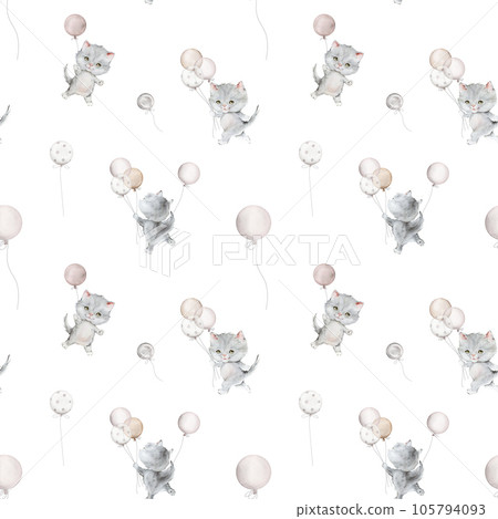 Seamless pattern of little fluffy gray kitten and balloon. Watercolor hand drawn. Scottish fold on light background. Spotted cat. Pet cartoon for kids, posters, stickers, textile. Seamless pattern of little fluffy gray kitten and balloon. Watercolor hand drawn. Scottish fold on light background. Spotted cat. Pet cartoon for kids, posters, stickers, textile. 105794093