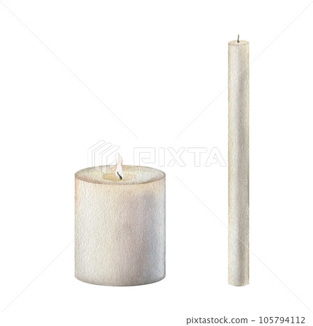 Set of White candles for decorating in Halloween, New Year and Christmas. Watercolor hand painting illustration on isolate white background. Clipart. Aromatherapy and relax in spa and home. Set of White candles for decorating in Halloween, New Year and Christmas. Watercolor hand painting illustration on isolate white background. Clipart. Aromatherapy and relax in spa and home. 105794112
