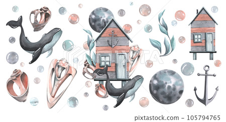 Sea cabin striped with whale, moon, shells, algae, bubbles. Watercolor illustration, hand drawn. Set of isolated elements on a white background 105794765