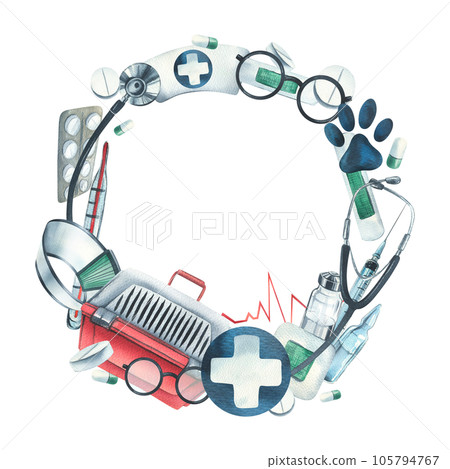 Veterinary equipment. Watercolor illustration hand drawn. For the design and decoration of clinics, hospitals, first-aid posts, pharmacies for animals. Circle frame, wreath on a white background. Veterinary equipment. Watercolor illustration hand drawn. For the design and decoration of clinics, hospitals, first-aid posts, pharmacies for animals. Circle frame, wreath on a white background. 105794767