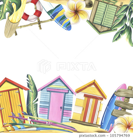 Surfboards, wooden beach cabines, tropical plants and flowers, sandy island. Watercolor illustration hand drawn. Template frame on a white background 105794769