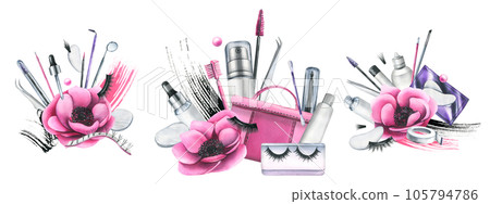 Pink cosmetic bag with tools for artificial eyelash extensions, brushes, false eyelashes, products in bottles. Watercolor illustration, hand drawn. Set of compositions on a white background Pink cosmetic bag with tools for artificial eyelash extensions, brushes, false eyelashes, products in bottles. Watercolor illustration, hand drawn. Set of compositions on a white background 105794786
