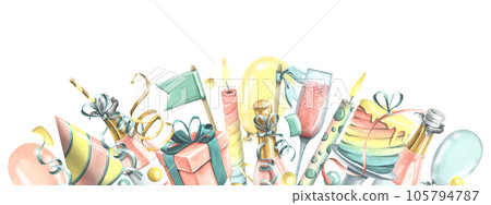 The birthday frame is bright, congratulatory. Watercolor illustration hand drawn. For the design and decoration of postcards, posters, banners photo zones, invitations. Template on a white background The birthday frame is bright, congratulatory. Watercolor illustration hand drawn. For the design and decoration of postcards, posters, banners photo zones, invitations. Template on a white background 105794787
