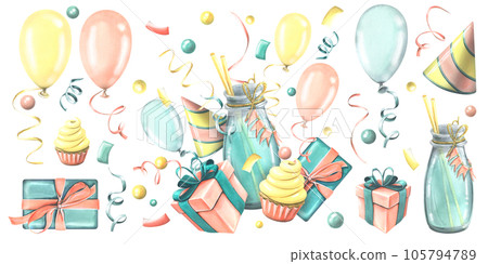 A festive cocktail with straw, cupcake, gifts, a cap, balloons and confetti. Watercolor illustration hand drawn. A set from the HAPPY BIRTHDAY collection. Isolated elements on a white background 105794789