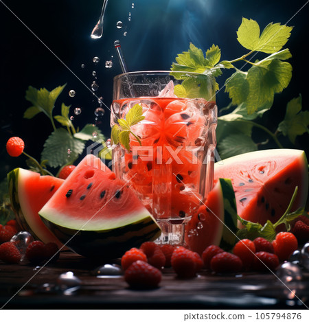 Fresh tropical cocktail with watermelon and ice with tropical trees and plants on a dark mystical background. 105794876