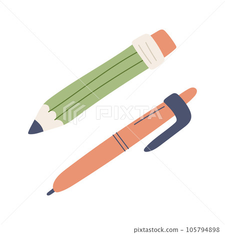 Pencil with eraser and ballpoint pen. Stationery school supplies. Simple design. Flat cartoon style. Color vector illustration isolated on a white background 105794898