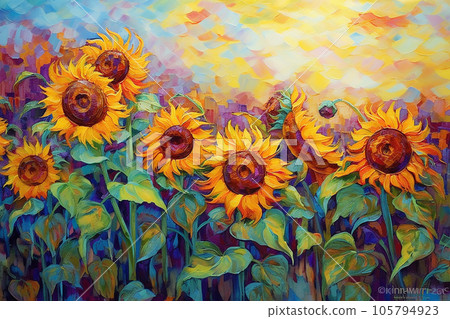 Sunflower field at twilight oil painting. Generative AI. 105794923