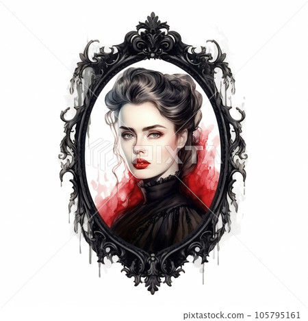Victorian woman watercolor portrait in black frame. Halloween clipart, isolated. Victorian woman watercolor portrait in black frame. Halloween clipart, isolated. 105795161