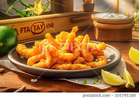 Fried breaded squid with lemon 105795180