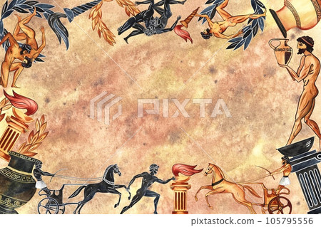 Frame with ancient Greek Olympic elements and athletes. In the style of ancient Greek vase painting. Watercolor hand drawn illustration. On a textured background. For postcards, prints and posters. 105795556