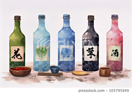 Japanese sake bottles lined up 105795849