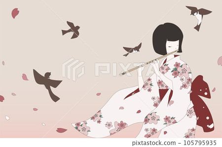 一個穿著浴衣的女人吹著哨子,一隻麻雀飛來飛去 一個穿著浴衣的女人吹著哨子,一隻麻雀飛來飛去 105795935