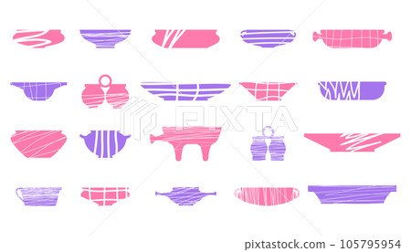 Vector flat illustration set. Side view. Silhouette pots with simple line doodle style Vector flat illustration set. Side view. Silhouette pots with simple line doodle style 105795954