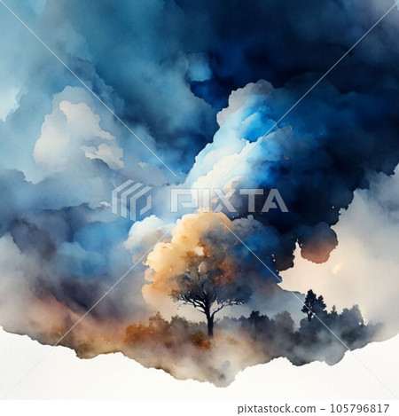 Watercolor drawings of air pollution and affected trees. 105796817