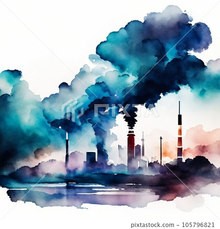 Watercolor painting air pollution caused by industrial plants 105796821