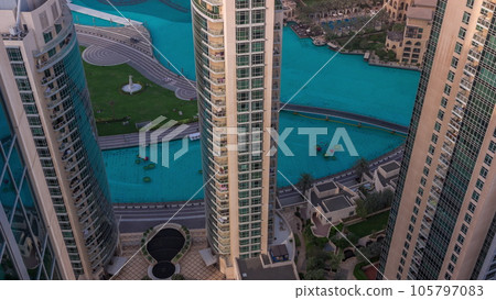 Dubai downtown with fountains and modern futuristic architecture aerial all day timelapse Dubai downtown with fountains and modern futuristic architecture aerial all day timelapse 105797083