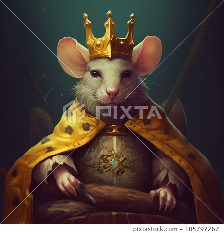 A fat mouse on a throne wearing a robe and a golden crown, the mouse king A fat mouse on a throne wearing a robe and a golden crown, the mouse king 105797267