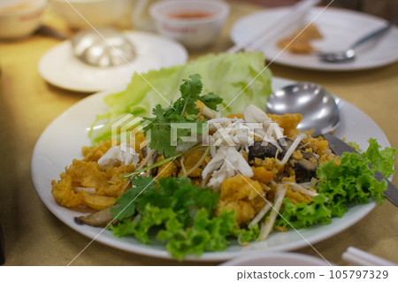 stir fried fish maw on plate, Thailand stir fried fish maw on plate, Thailand 105797329