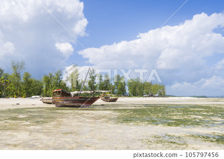 Nice fishing wooden boats moored on the beach 105797456