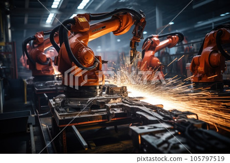 Industrial robots arm are welding automotive part in car factory. AI Generative Industrial robots arm are welding automotive part in car factory. AI Generative 105797519