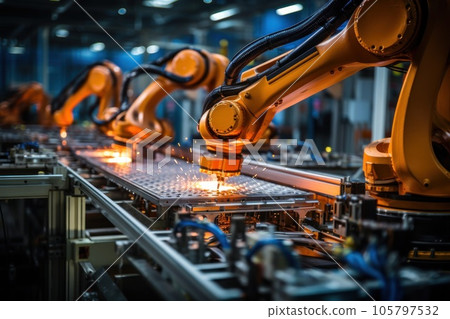 Industrial robots arm are welding automotive part in car factory. AI Generative Industrial robots arm are welding automotive part in car factory. AI Generative 105797532